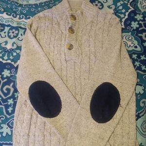 Men's Beige Cable Knit Crewneck Sweater with Elbow Patches